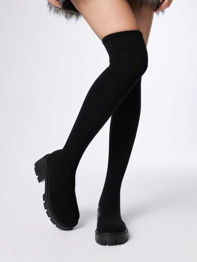 Bottes élastiques style rock punk gothique pour femmes, bottes montantes à plateforme et semelle épaisse