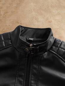 Manfinity NXTstreet Herren Einfarbige Langarm Reißverschluss Kragen PU Leder vielseitige bequeme Lässig Jacke - Schwarz - Übersicht 4