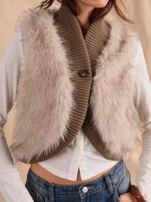 Easelle 秋冬女士时尚无袖人造毛皮撞色背心 - 棕色 - 查看 5