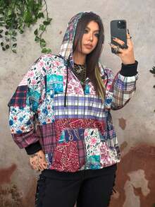 Whyspr Sweatshirt Patchwork Motif Kotak-kotak & Bunga Retro Ukuran Plus Bergaya Grunge Cottage Punk Modis - Merah - View 1