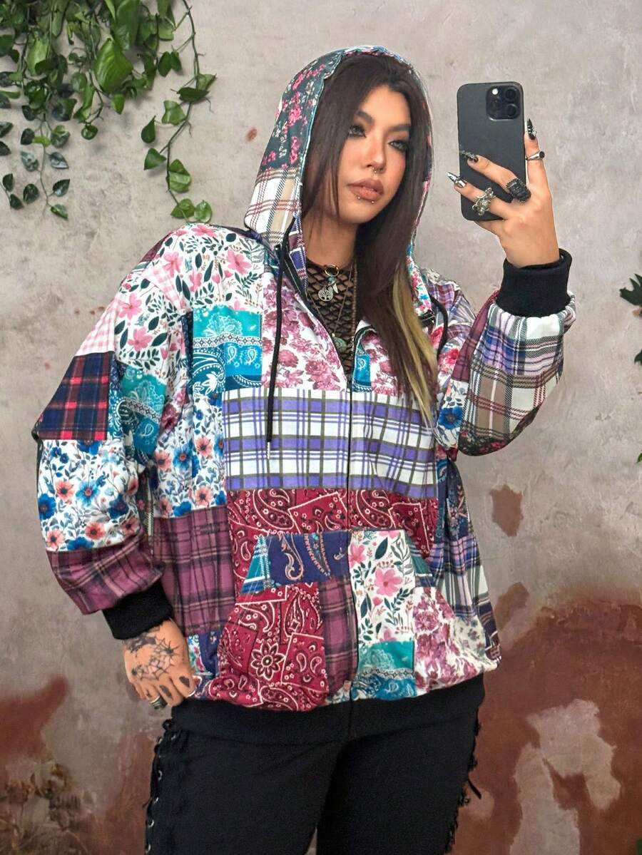 Whyspr Sweatshirt Patchwork Motif Kotak-kotak & Bunga Retro Ukuran Plus Bergaya Grunge Cottage Punk Modis - Merah - View 1