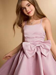 圣诞派对女童吊带裙，女童生日裙，公主裙，大蝴蝶结表演裙 - 粉色 - 查看 7