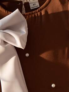 SHEIN Elladie kids Young Girl Summer New Pearl Bow Sleeveless A-Line Hem Ruffle French Style Fashionable Elegant Princess Dress - Brown - View 5