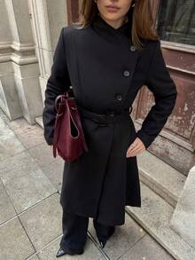 EMERY ROSE Women's Solid Color Minimalist Casual Turndown Collar Long Sleeve Overcoat Long Coat Long Coats For Women Classic Outfits For Women Black Coat Women Coats Winter Clothes For Women Winter Jacket Winter Coat Winter Coat Women Winter Clothes Women - Black - View 7