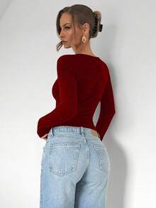 SHEIN PETITE Áo thun dài tay dáng ôm màu trơn cổ nhún thanh lịch dành cho nữ, Xuân/Thu - Màu Đỏ Sâu - Xem 2