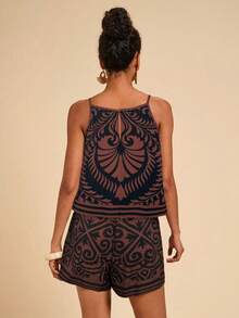 Travachic 女士复古印花吊带背心和短裤两件套，休闲度假装 - 黑色 - 查看 2