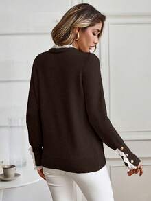 SHEIN Tall Elegante suéter de manga larga con ribete de encaje color albaricoque para mujer alta, adecuado para otoño/invierno - Marrón - Ver 2