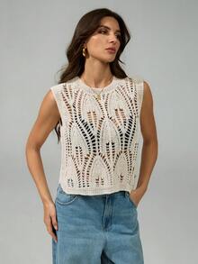 SHEIN Tall 女士纯色圆领无袖镂空针织上衣，秋季款 - 米色 - 查看 5