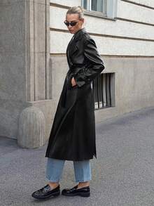 Ontre Women's Fashion PU Double-Breasted Waist Belt Trench Coat Street-Cool, High-End, Simple, Cool Motorcycle Style Workwear A Must-Have For Autumn And Winter: A High-End, Comfortable, Vintage-Style Jacket Back-To-School Season Campus Wear Club Wear Youthful Casual Style Low-Key And Durable Basic Style, All-Match And Suitable For Everyone, Street Fashion Wear, Coffee Shop Wear, Relaxed Wear All-Season Winter Clothes