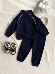 SHEIN Playful Pals 男婴休闲刺绣拉链外套和裤子套装（2件套），时尚街头户外运动套装，秋冬季