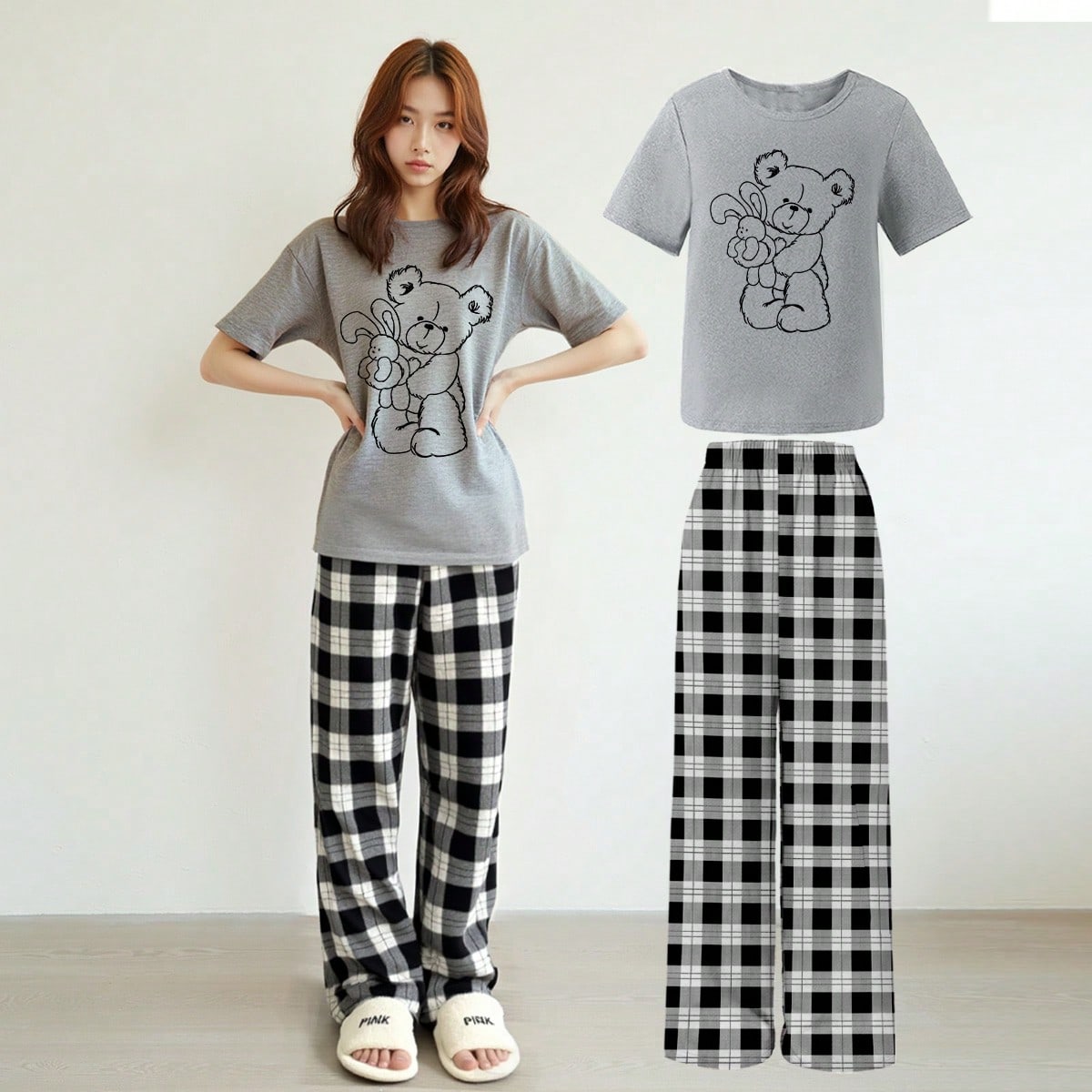 Set de top de manga corta de cuello redondo blanco liso y pantalones casual y cómodo para adolescentes, 2 piezas