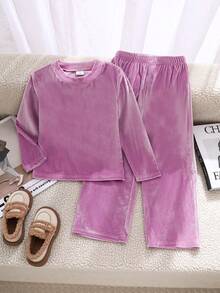 Elladie kids 少女甜美可爱休闲纯色长袖圆领上衣搭配简约长裤，紫色T恤套装 - 紫色 - 查看 3