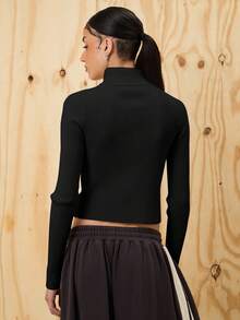 COUREZ Suéter acanalado ajustado con cremallera asimétrica y gráfico / Salida Y2K para mujeres Primavera Tops de salida para mujeres Suéter de primavera para mujeres Rave - Negro - Ver 3