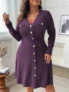 Vionelle Plus Size V-Neck Long Sleeve Cinched Waist A-Line Midi Dress,Dark Purple,Autumn,Elegant,Formal Solid Color Ribbed Button Violet Dress - Purple - View 4