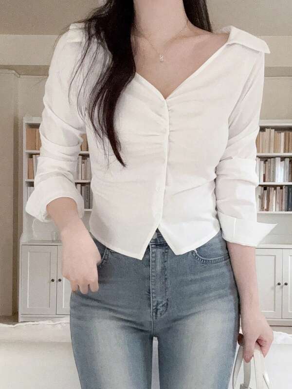 DAZY Blusa elegante de unicolor, de manga larga, con cuello fruncido y ajuste ceñido para mujer