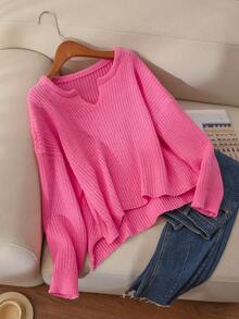 CosyJoli Áo len chui đầu tay dài cổ chữ V cỡ lớn, màu hồng, dễ thương, thoải mái, ấm áp cho mùa thu/đông - Màu Hồng Tươi - Xem 3