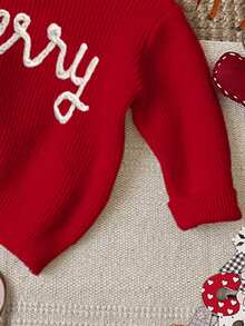 SHEIN Dziewczęcy sweterek świąteczny z nadrukiem w litery, luźny krój, okrągły dekolt, długi rękaw, odpowiedni na jesień/zimę