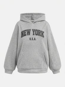 SHEIN 2件套休闲百搭校园运动图案灰色连帽衫，适合少女 - 灰色 - 查看 3