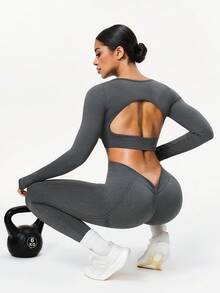 SHEIN Sports 女士无缝瑜伽长袖上衣和裤子套装，开启您的运动生活方式 - 灰色 - 查看 5