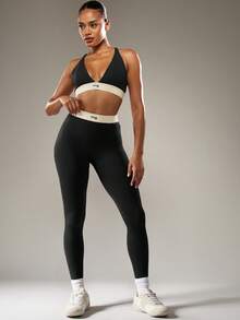 MISSGUIDED Quần legging thể thao cạp cao có dây thắt lưng thương hiệu dành cho luyện tập thể dục năng động và tập gym - màu đen - Xem 1