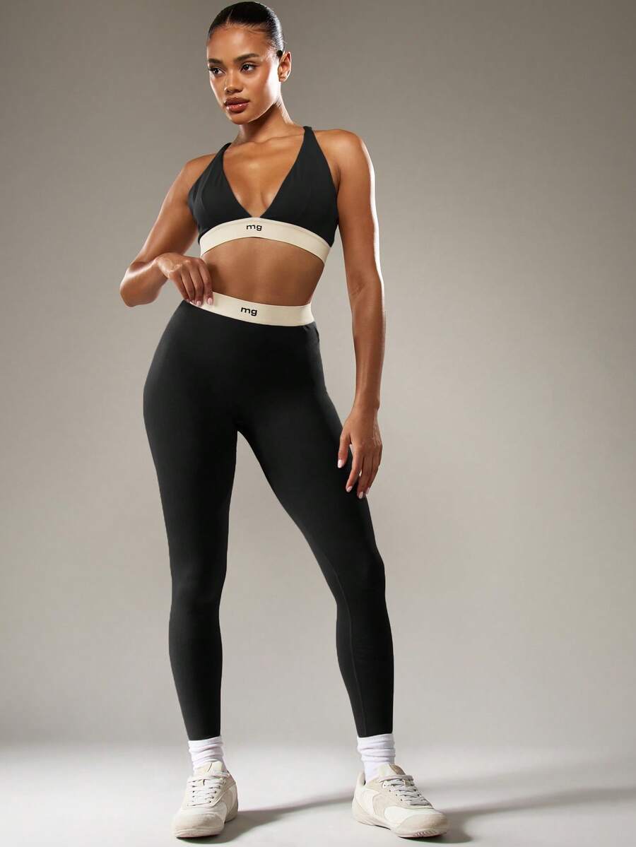 MISSGUIDED Quần legging thể thao cạp cao có dây thắt lưng thương hiệu dành cho luyện tập thể dục năng động và tập gym - màu đen - Xem 1