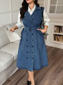 Dazy Plus Plus Size Women's Sleeveless Long Denim Dress, Blue Washed Double-Breasted Casual Versatile, Spring/Autumn - Medium Wash - View 7