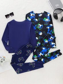 4pcs/Set Tween Boys' Graphic Game Controller PrintSnug Fit Casual Homewear Set, Black & Blue, Spring/Autumn - Multicolor - View 2