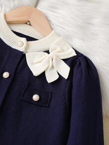 Sparklyn Tween Girls 甜美厚重3D手工蝴蝶结毛衣套装，宽松百搭气质针织开衫+P两件套，女童温柔可爱长袖毛衣套装，适合日常穿着、外出旅行，秋冬毛衣 - 藏蓝色 - 查看 4