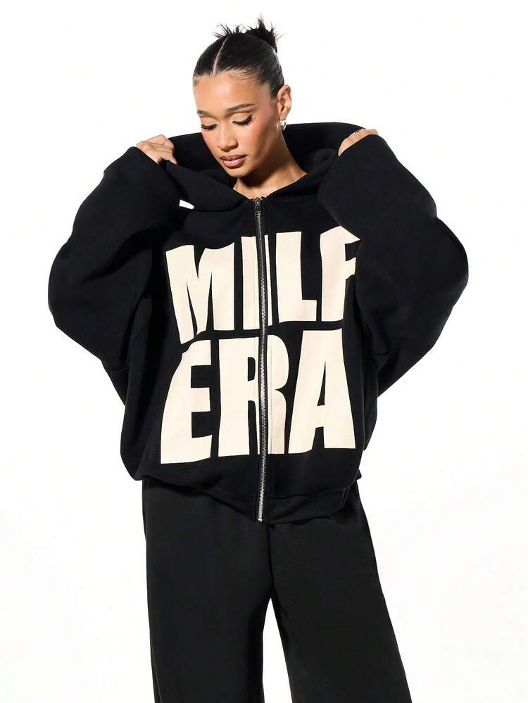 SUMWON Boxy Fit Oversized Zip Through Hoodie With Large Scale Graphic Print Contrast Detail Casual Streetwear