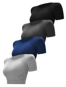 Easithlete Camiseta deportiva corta de mujer de unicolor con cuello redondo y mangas raglán de corta duración - Multicolor - Ver 5