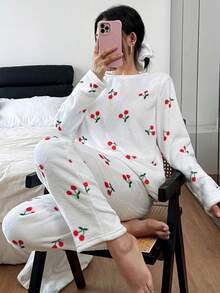 SHEIN Women's Autumn/Winter Cozy Cherry Print Crew Neck Long Sleeve Top & Pants Pajama Clothes Set , Fluffy - Multicolor - View 3