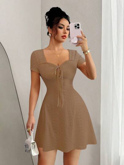 Elenzga New Summer Buttercream Knitted Jacquard Sexy Slim Fit Tie-Front Mini Dress For Women