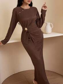 Veilorie 全新设计金属装饰腰部收紧褶皱优雅别致西装 - 棕色 - 查看 1