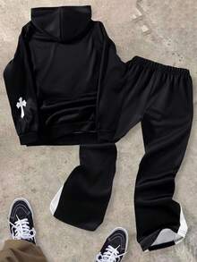 SHEIN 2 件儿童/青少年男童休闲日常舒适字母印花连帽运动衫和直筒宽松运动裤套装 - 黑與白 - 查看 3