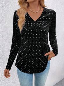 EMERY ROSE T-shirt manches longues slim en velours col V pour femmes, automne - Noir - Voir 3