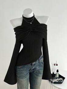 Elamini 1件女士炭灰色秋冬个性化精致露肩系带蝴蝶结设计不对称下摆弹力针织休闲毛衣 - 黑色 - 查看 4