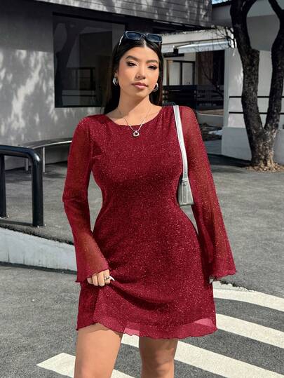 Muchica Wine Red Flare Sleeve Glitter Mesh Plus Size Dress/Christmas/Winter