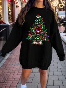 EMERY ROSE Plus Size Holiday Dress, Christmas Themed Graphic Print, High-Quality Dye Sublimation Pullover Sweatshirt - Black - View 4