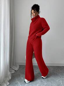 SHEIN Elenzya Bộ áo len dệt kim dài tay màu lạc đà rộng rãi thanh lịch và quần dài hai món, thích hợp để đi làm, mùa thu/đông - Đỏ - Xem 9