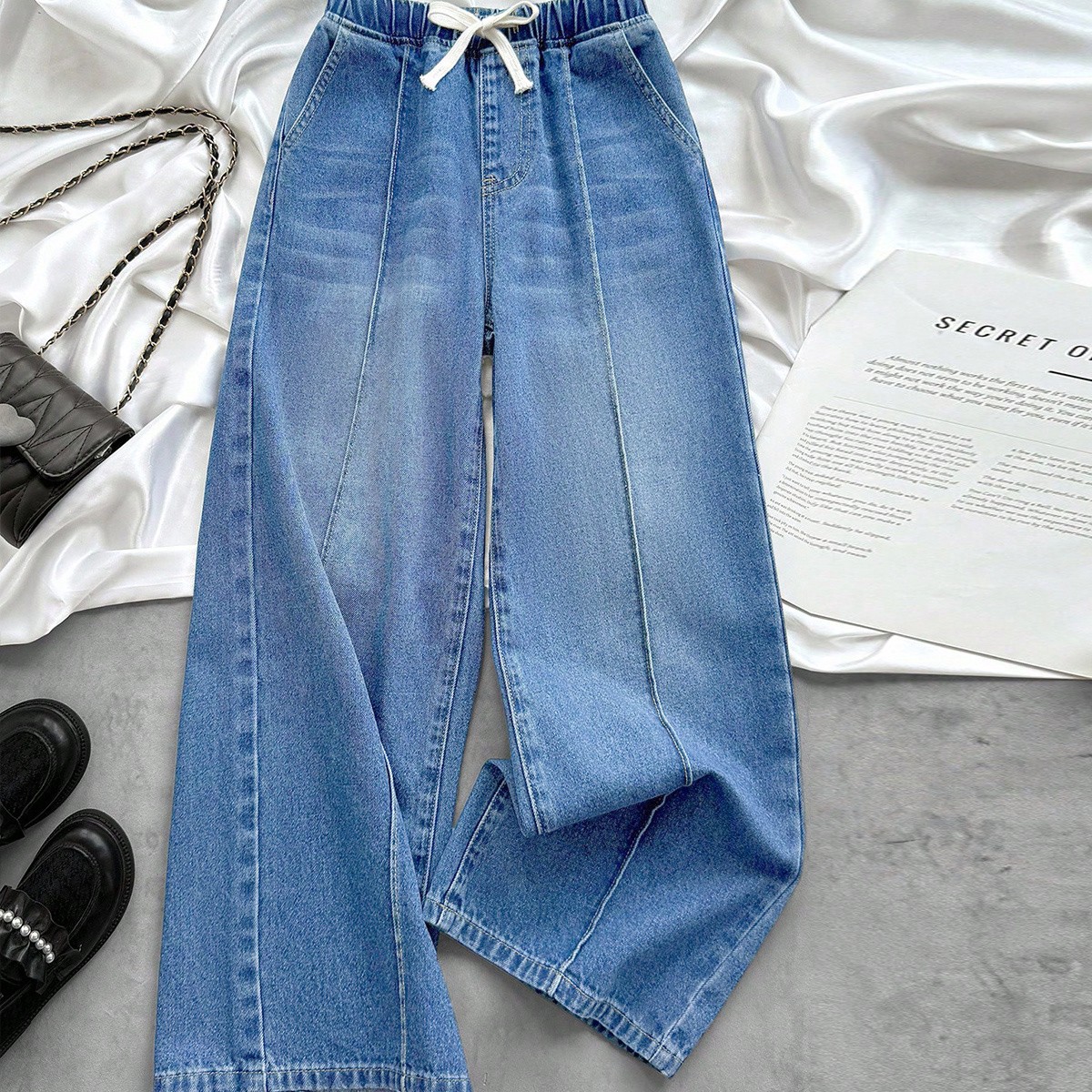 Jeans casuales rectos y sueltos con cintura elástica para niñas preadolescentes