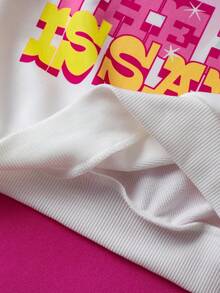 THE POWERPUFF GIRLS X SHEIN 少女可爱卡通女孩字母图案圆领落肩长袖针织白色卫衣 - 白色 - 查看 8