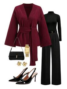 Ellevyn 秋冬女式纯色长袖系腰针织开衫