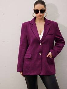 Aveloria Modichic Women's Notched Collar Double-Breasted Long Sleeve Casual Elegant OL Commuter Faux Suede Blazer - Purple - View 3