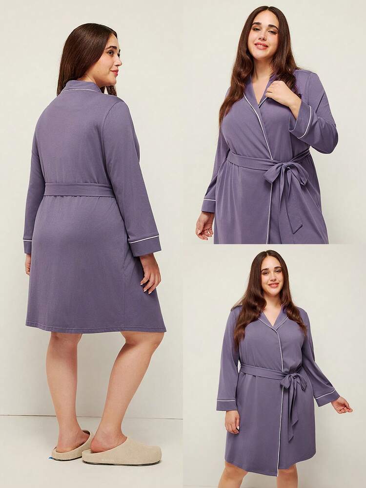 Roupão de Banho Feminino de Manga Longa com Amarração na Cintura, 100% Algodão Puro, Roxo Suave, Tamanho Plus, Pijama Feminino de Outono e Inverno