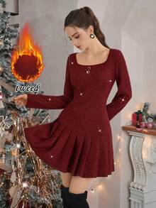 Opuloom Robe courte élégante et polyvalente de style français chic pour femmes, en tissu brillant de haute qualité, col rond, épaules tombantes, manches longues, taille cintrée, plissée en A, adaptée à l'automne/hiver