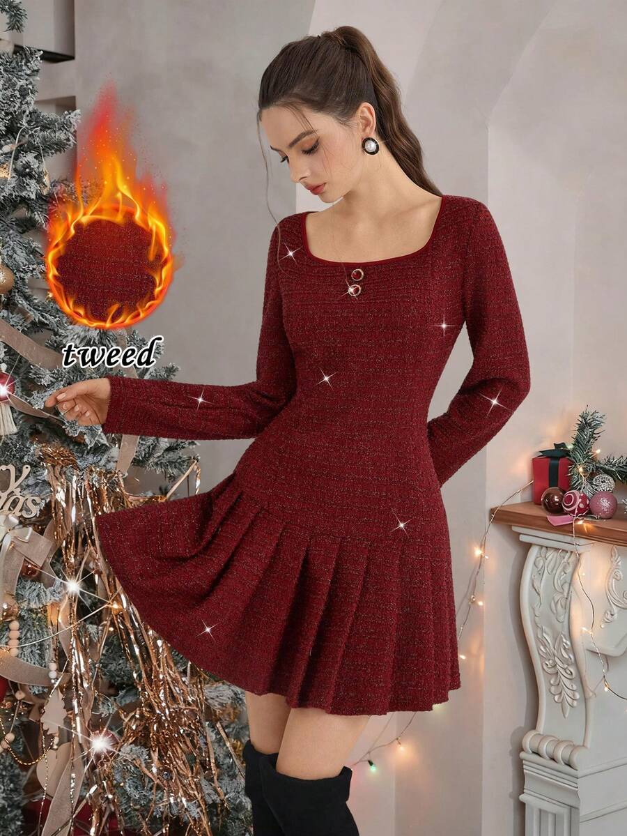 Opuloom Robe courte élégante et polyvalente de style français chic pour femmes, en tissu brillant de haute qualité, col rond, épaules tombantes, manches longues, taille cintrée, plissée en A, adaptée à l'automne/hiver