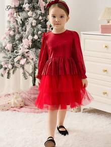 Glamorique Kids Girls' Elegant Long Sleeve Party Dress With Metallic Splicing, Mesh Design And 3D Bow Decor, Suitable For Autumn/Winter