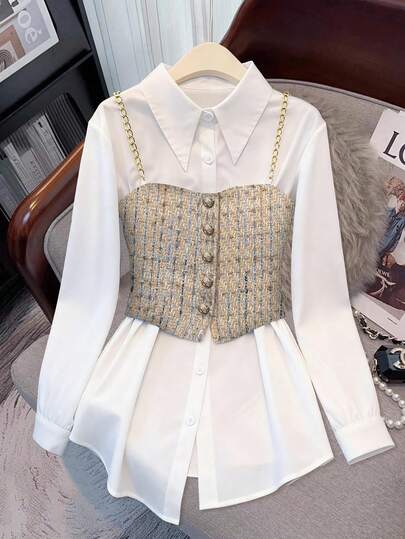 Regalyn Plus Size Casual Daily Solid Color Button-Front Long Sleeve Shirt & Tweed Suspender 2 Pieces Set, Autumn