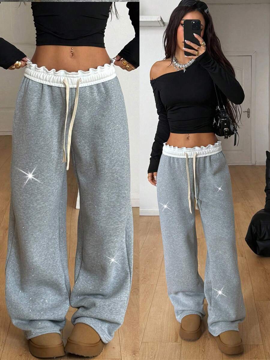 Coolane Quần nỉ ống rộng màu xám dành cho nữ, phong cách Thu Đông Y2K, thích hợp cho các buổi hòa nhạc, lễ hội rave, đi chơi, đính đá lấp lánh, giữ ấm và lót lông cừu. - Xám - Xem 1