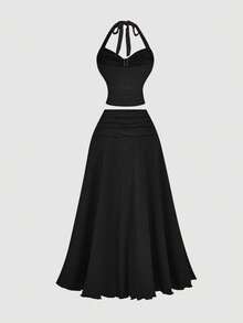 SHEIN MOD 2pcs/Set Women Jacquard Halter Top And Skirt - Black - View 2